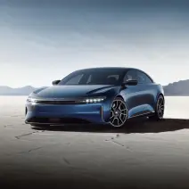 A Sapphire blue metallic Lucid Air Sapphire in the desert.