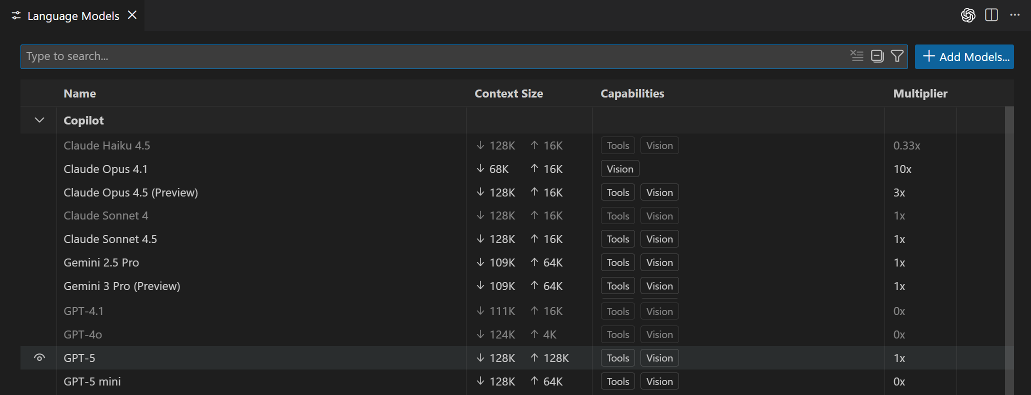 Screenshot of the Language Models editor in VS Code.