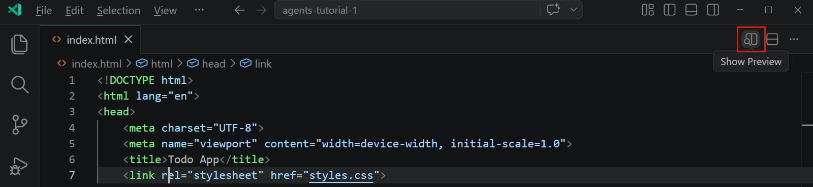 Screenshot showing the Preview button in the top right corner of the editor when an HTML file is open.