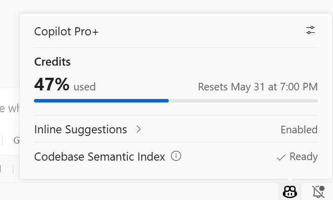 Screenshot of the Copilot status dashboard, showing the percentage of monthly AI credits used and a link to view usage details on GitHub.
