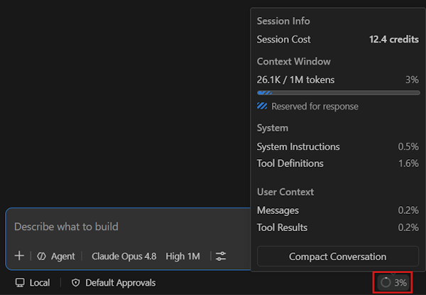 Screenshot of VS Code Chat view, showing the context window usage control in the chat input box.