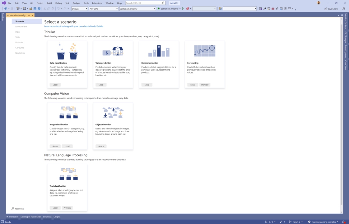 Model Builder scenario screen