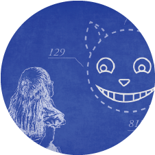 icon of alice in wonderland looking at a blueprint of the cheshire cat