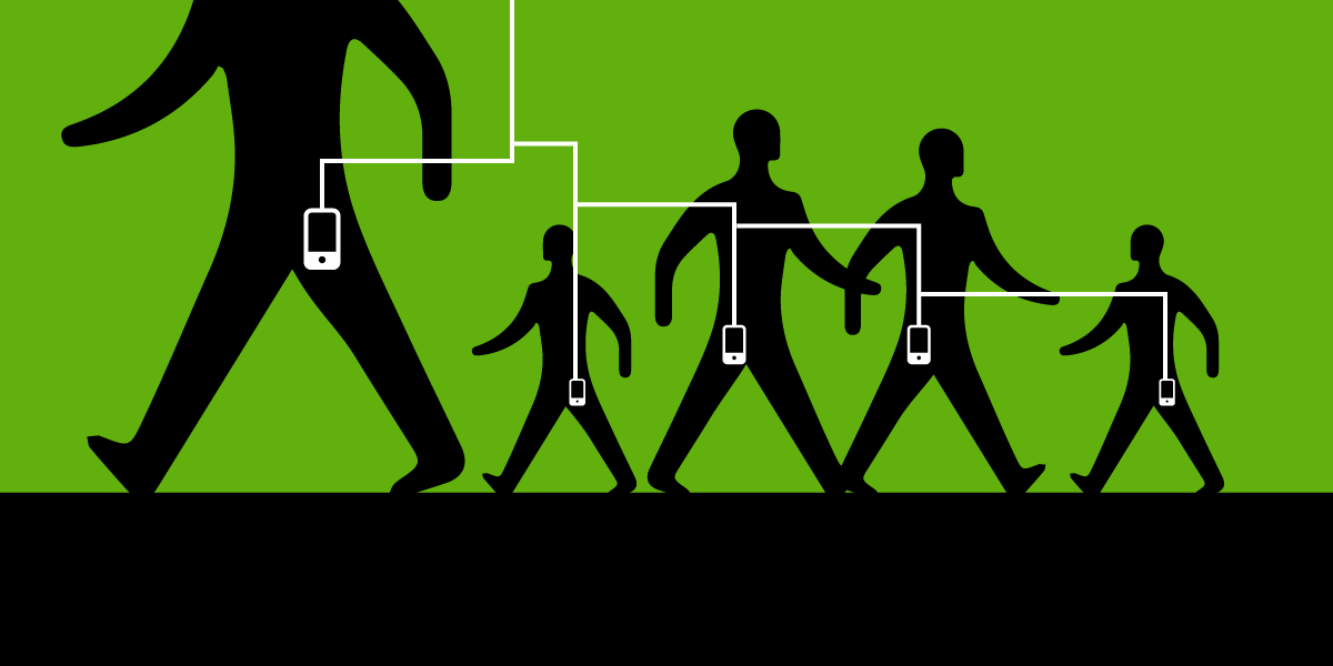 banner of men walking with cell phones interconnected