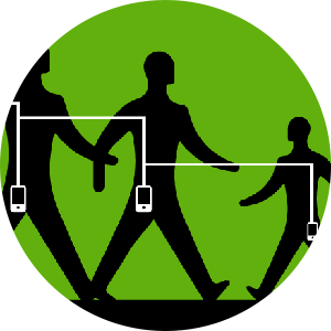 icon of men walking with interconnected cell phones in their pockets