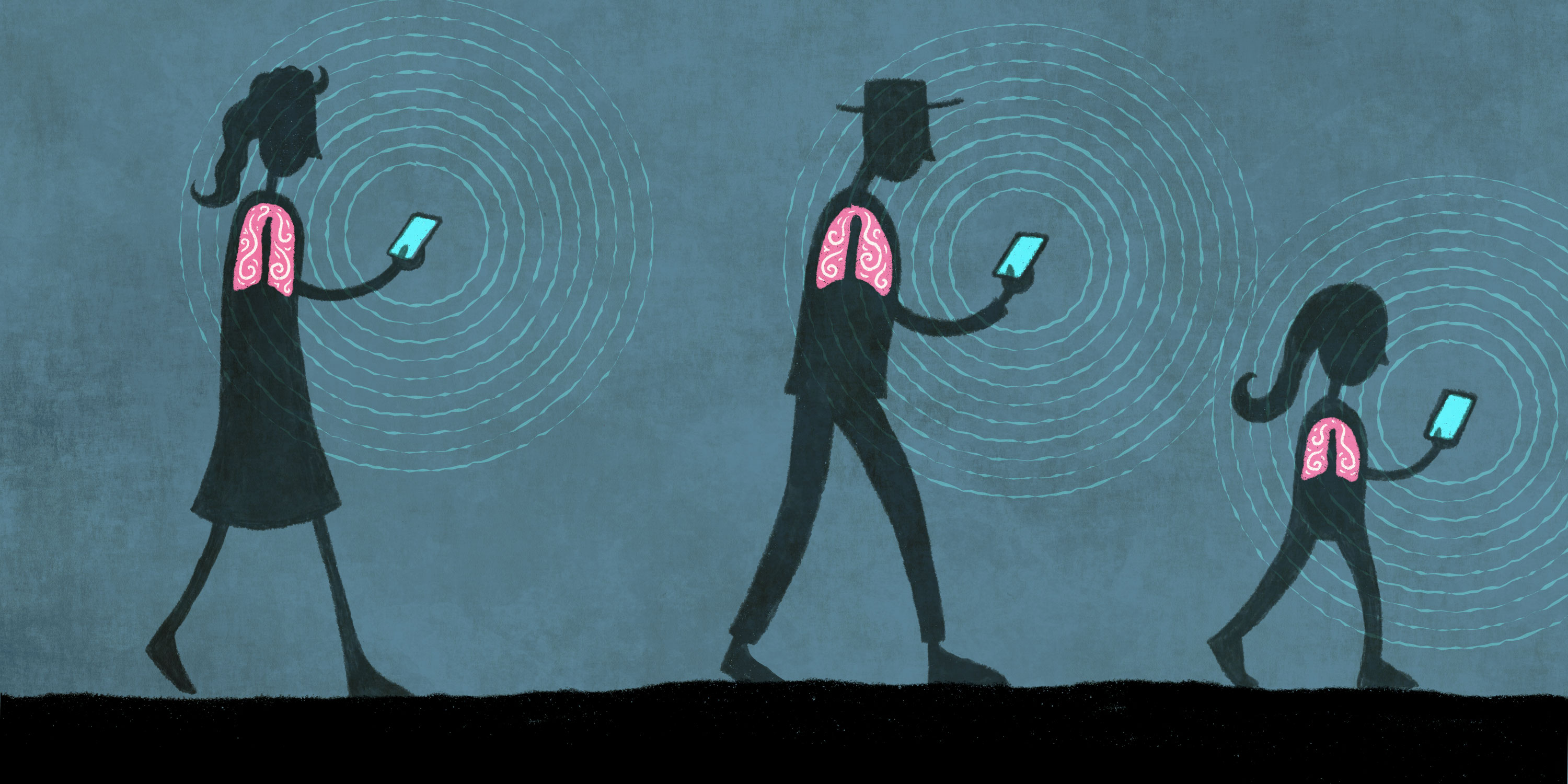 illustration of people walking with cell phones, with a see-through view of their lungs