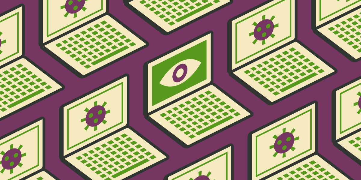 illustration of computer laptops with virus and eye icons