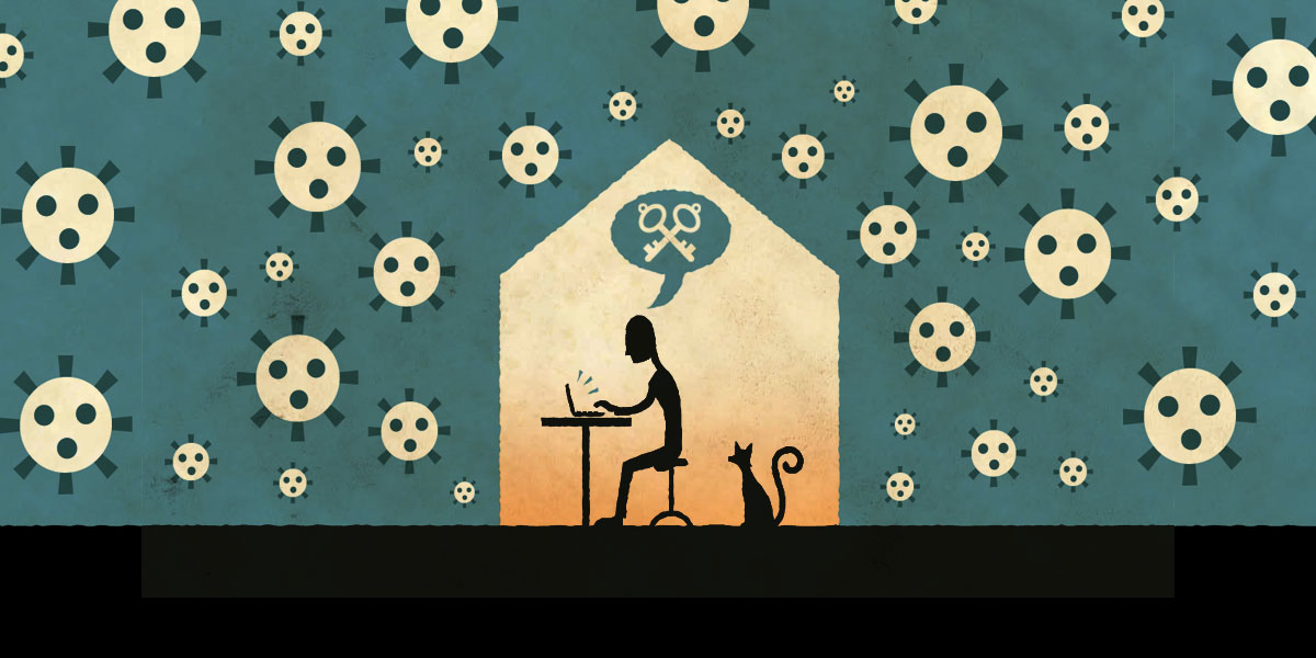 illustration of silouette of person typing on laptop speaking an encryption symbol of two keys