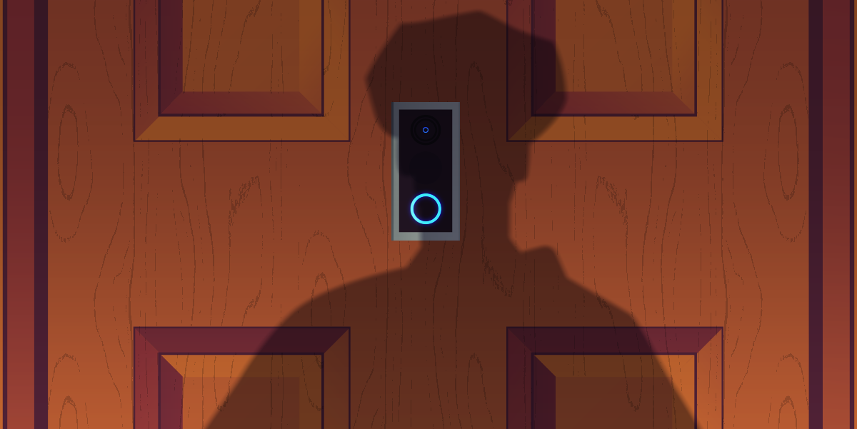 illustration of a shadow of police officer on a home's door camera