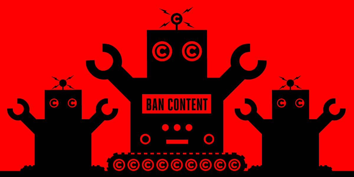 illustration of robots with copyright symbols for eyes