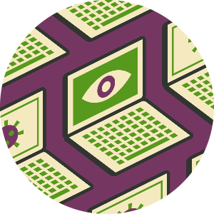 illustration of computer laptops with virus and eye icons