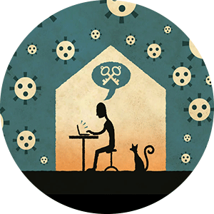 illustration of silouette of person typing on laptop speaking an encryption symbol of two keys