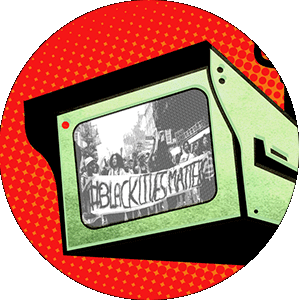 illustration of surveillance cameras with images of Black Lives Matter protesters on the lenses