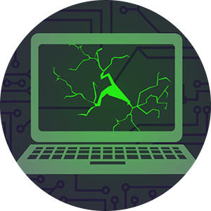illustration of  a smashed computer laptop screen with a circuit board in the background