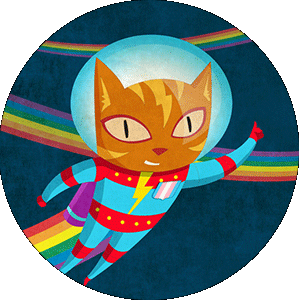 illustration of a cat flying in a spacesuit followed by rainbow streams