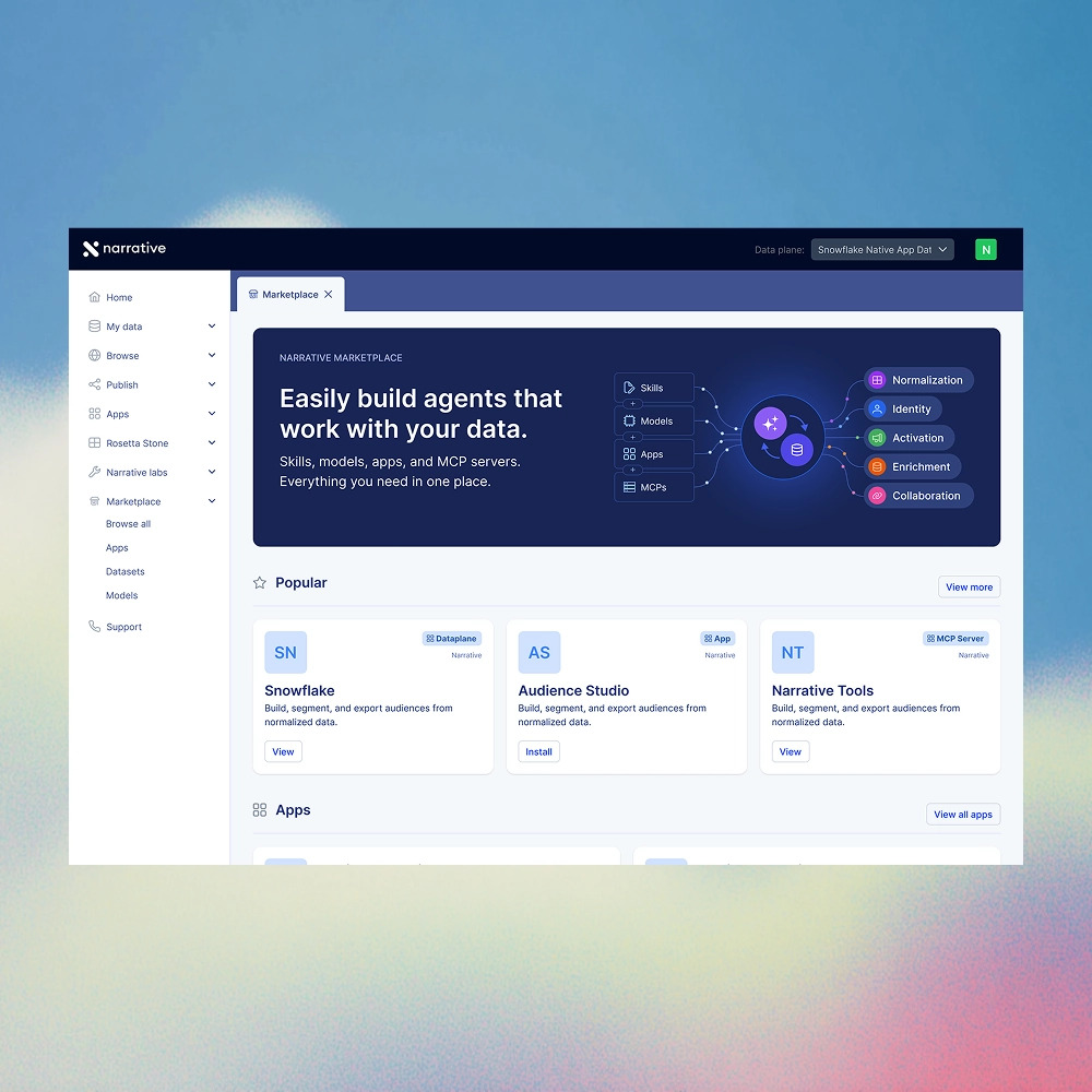 Narrative Marketplace dashboard displaying data apps, datasets, and machine learning models available for activation and collaboration.