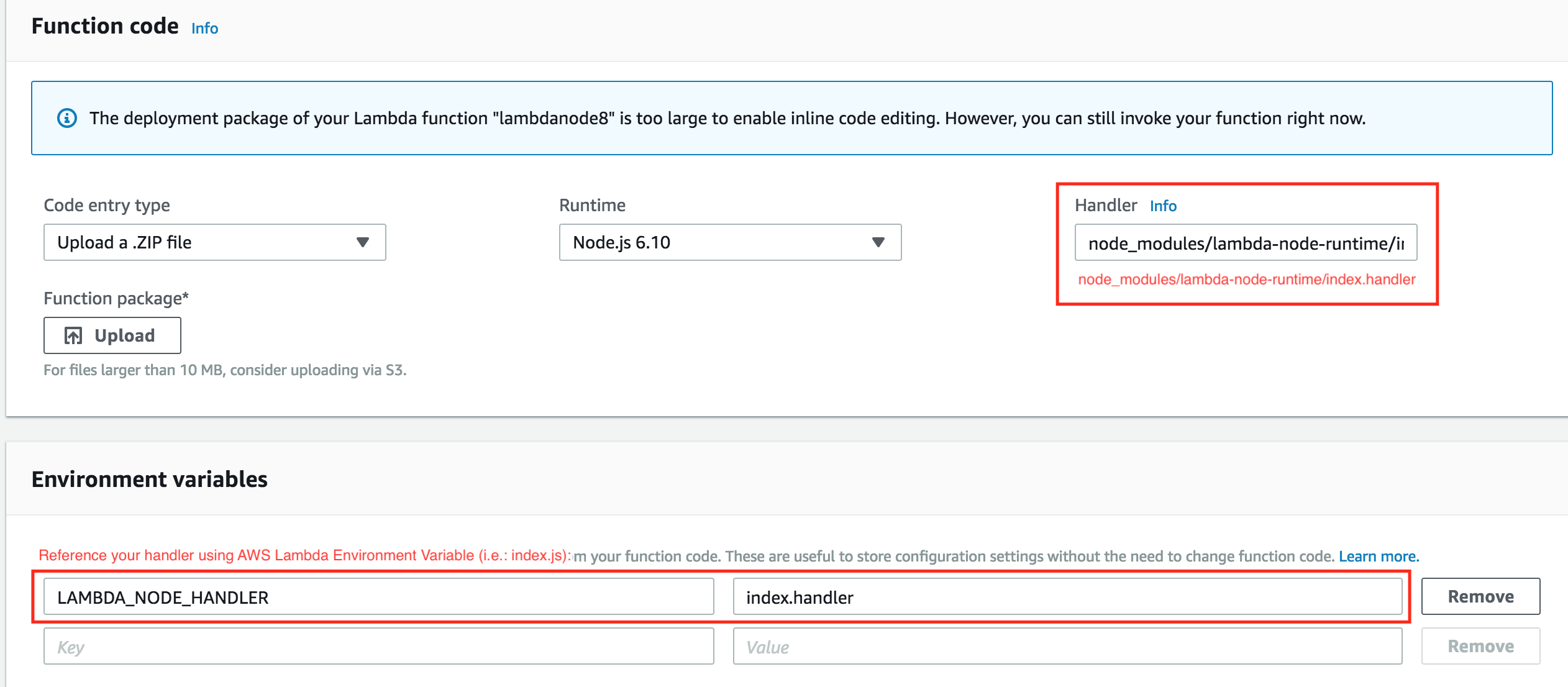 AWS Lambda Function configuration for lambda-node-runtime