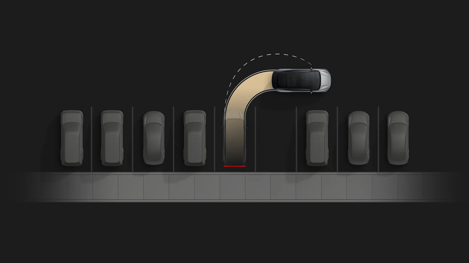 Overhead diagram showing a car reversing into a parallel parking spot between other parked cars, with a curved path indicator.