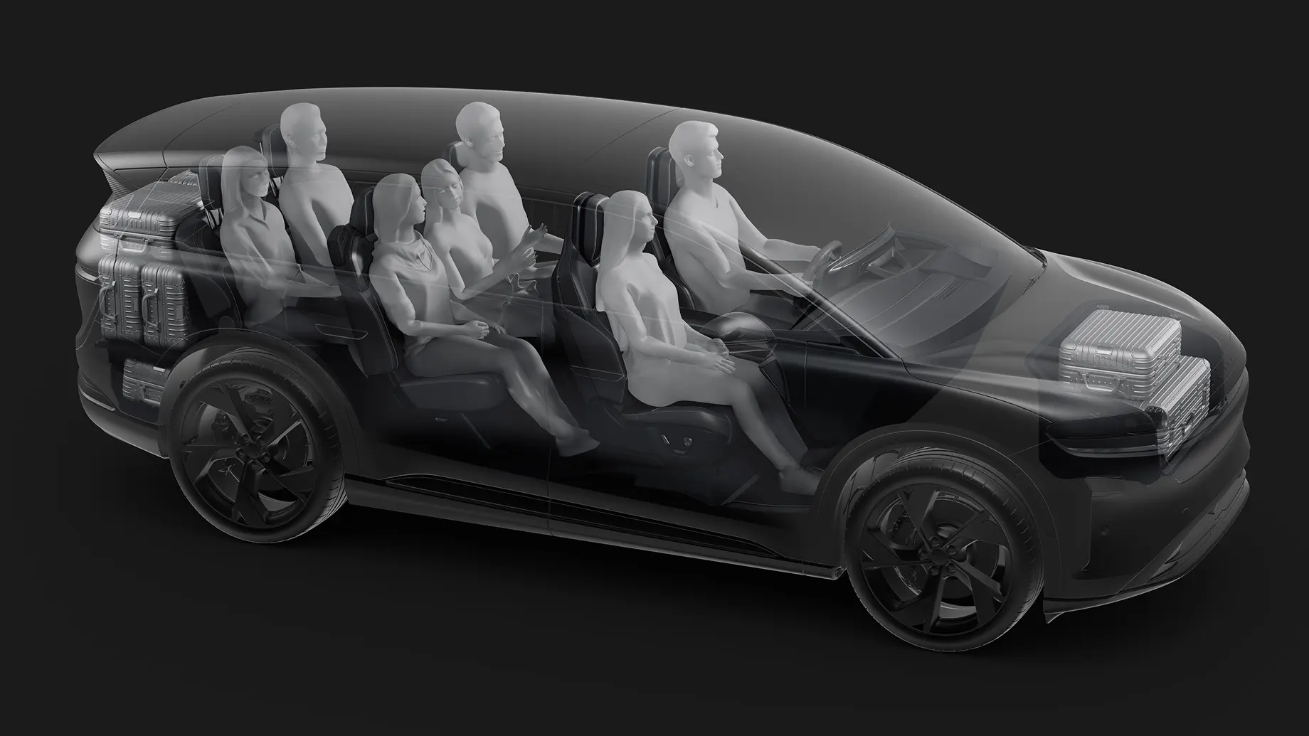 X-ray view of a dark SUV showing 6 passenger mannequins seated inside with luggage in the trunk and front storage area.