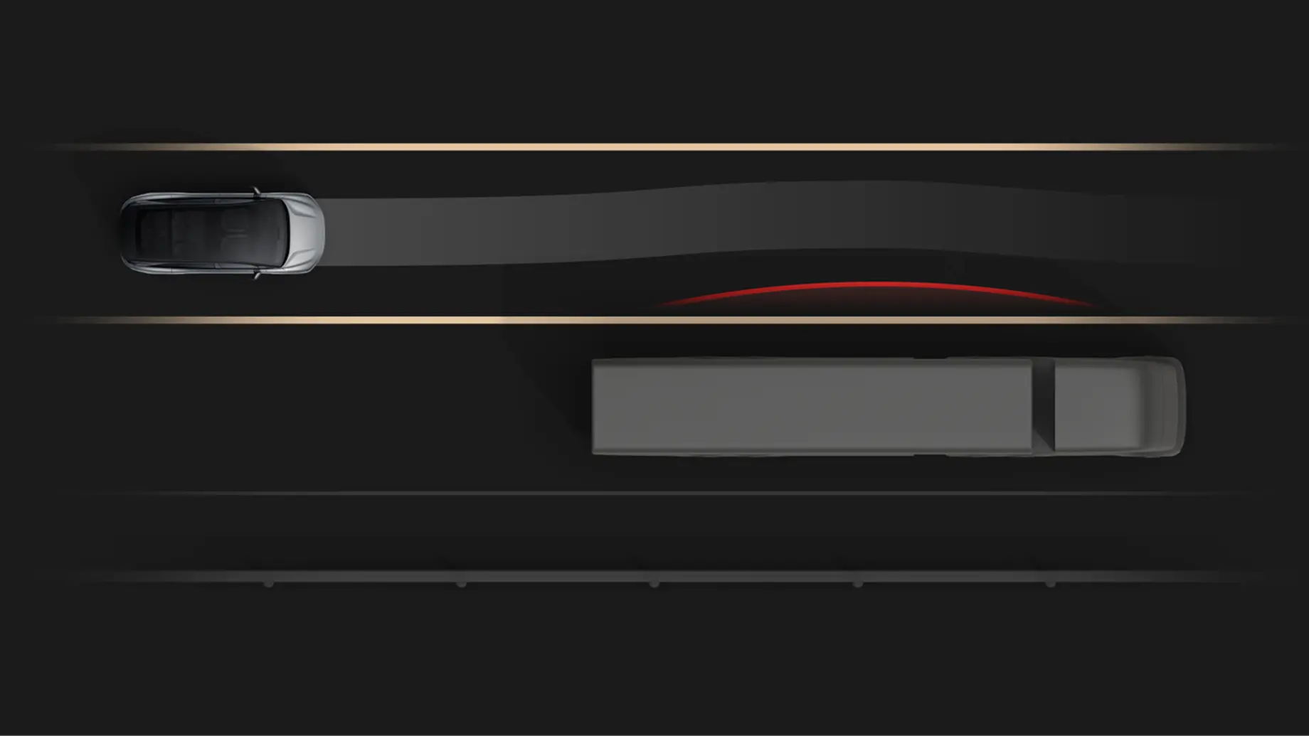 Overhead view of a car detecting a truck ahead, with a red arc indicating a collision warning safety system.