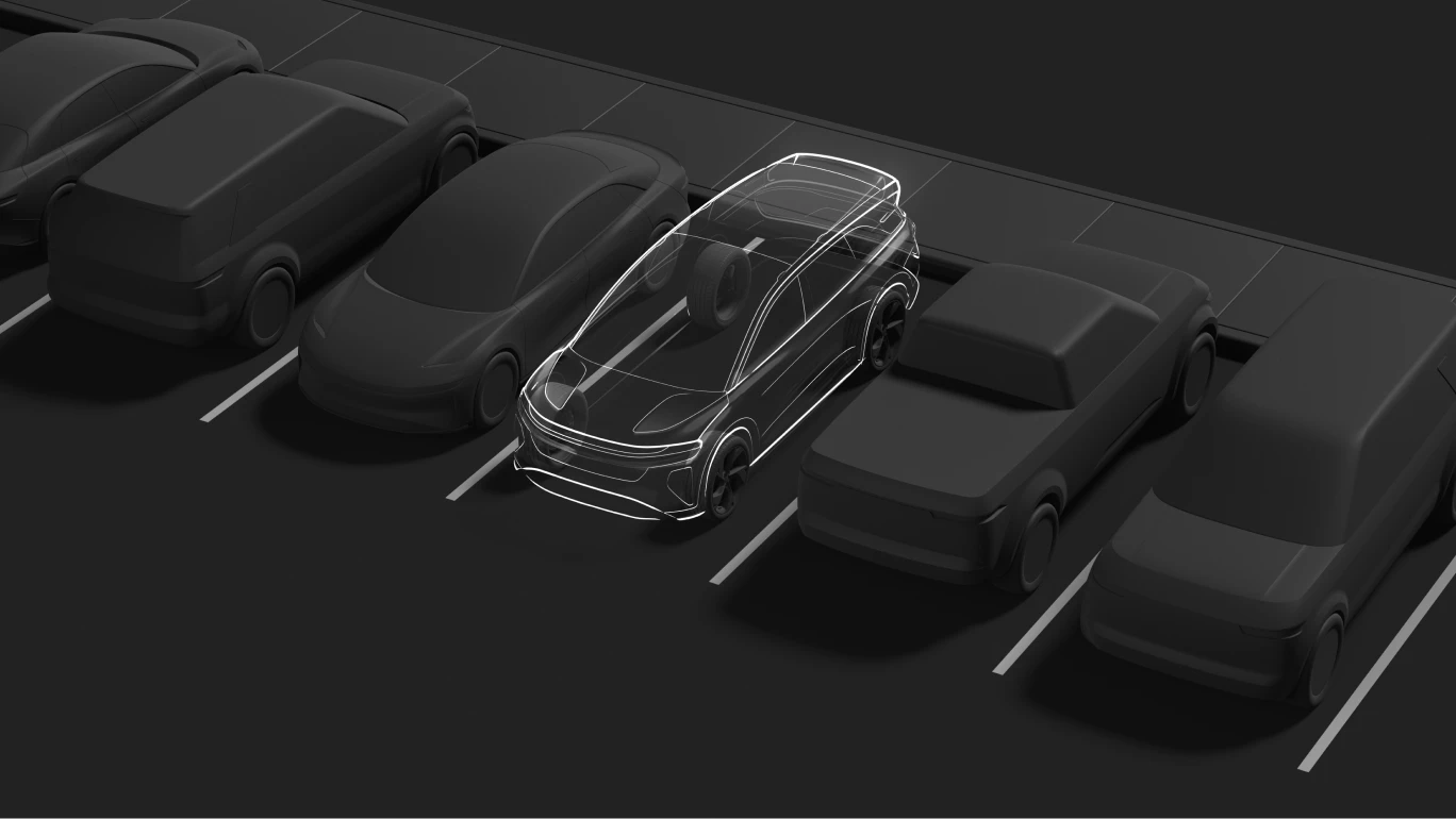 Wireframe SUV design highlighted among dark silhouette vehicles in a parking lot, showing modern automotive concept.