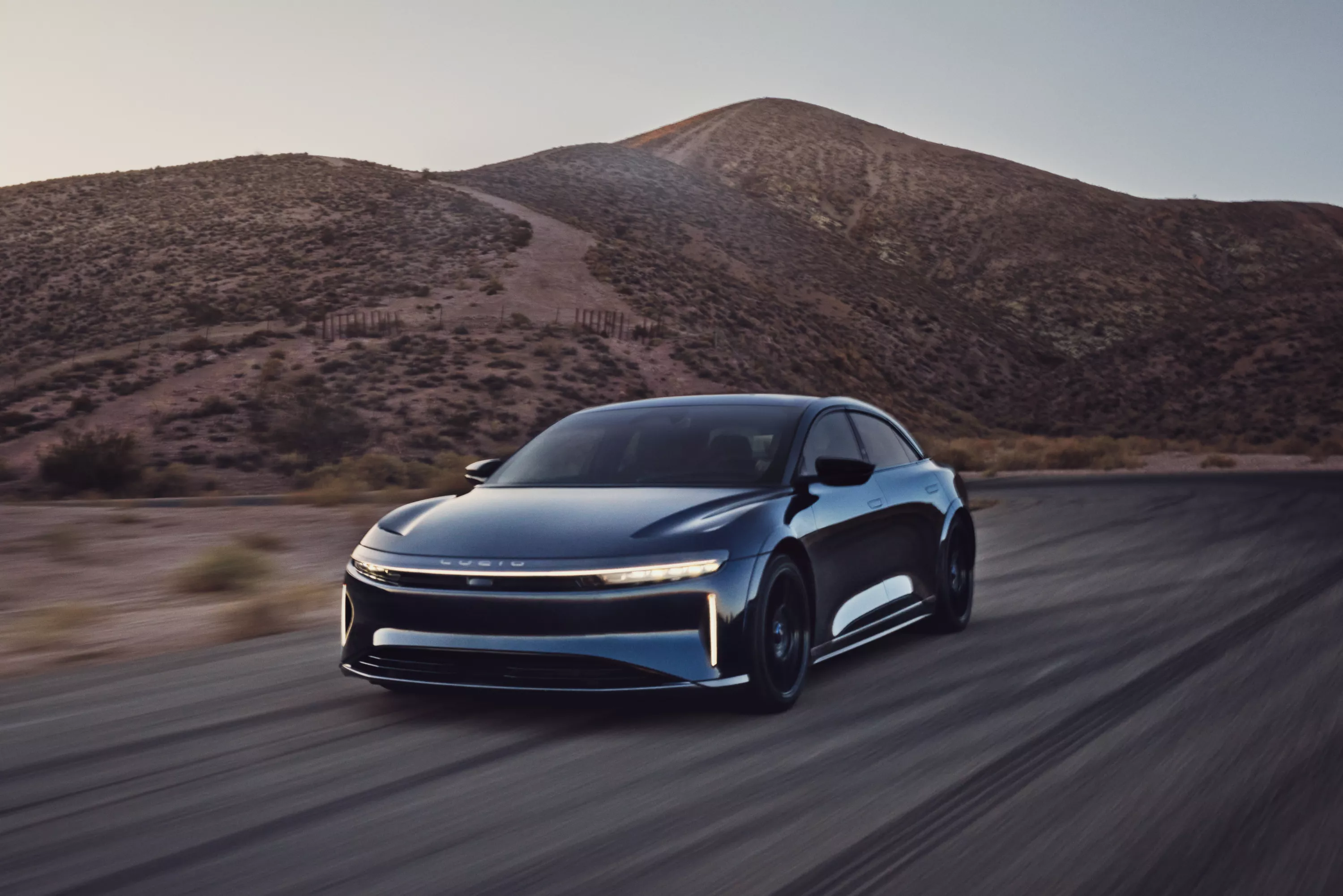 Lucid Air Sapphire driving in desert