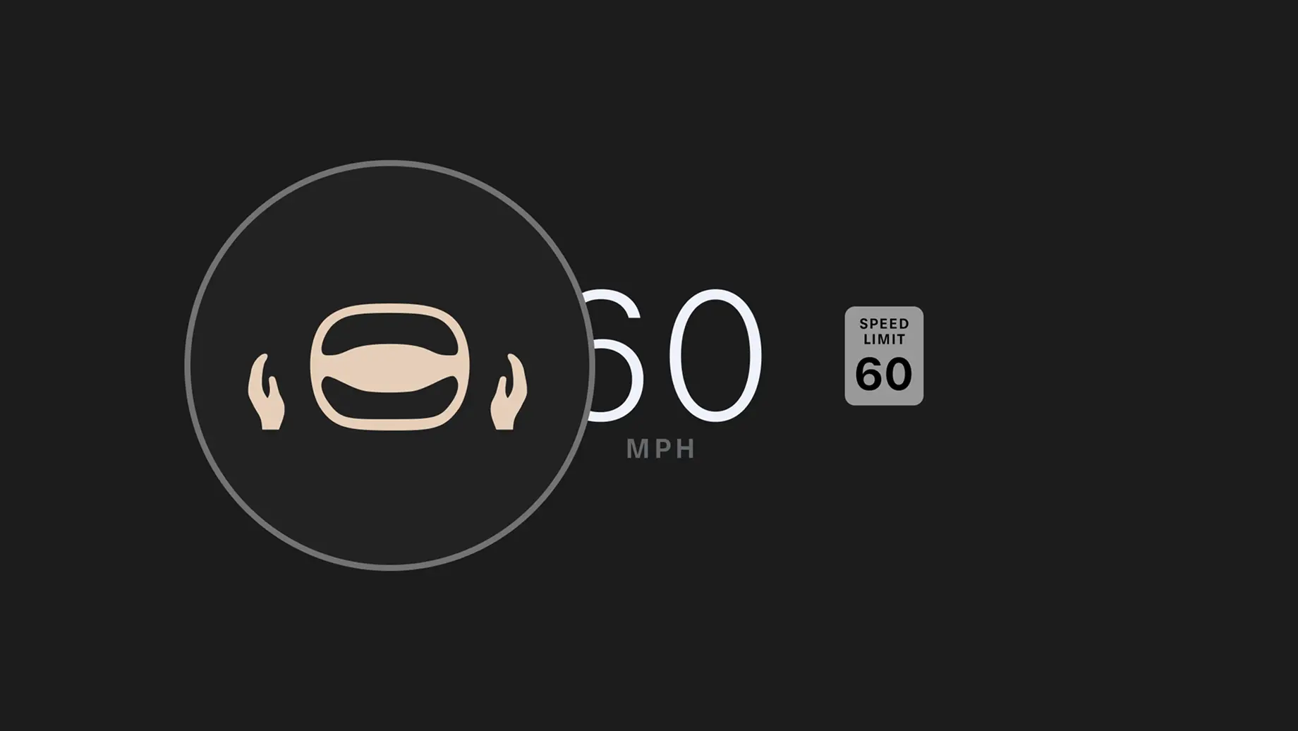 Icon of hands beside a steering wheel, speed reading of 60 MPH, and a speed limit 60 sign on dark background.