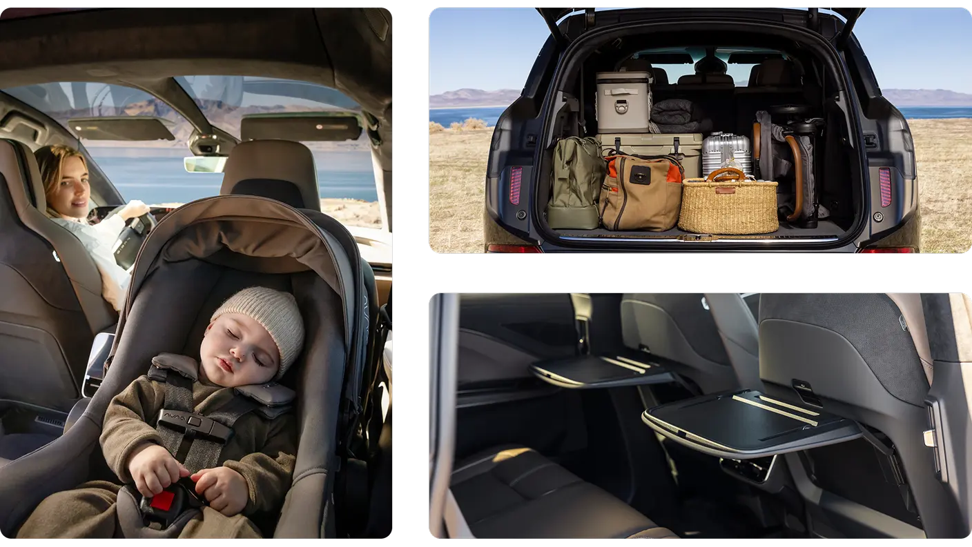 Collage montrant les caractéristiques des escapades familiales : intérieur de la voiture avec bébé dans le siège d’auto, coffre de VUS rempli de bagages et plateaux rabattables.