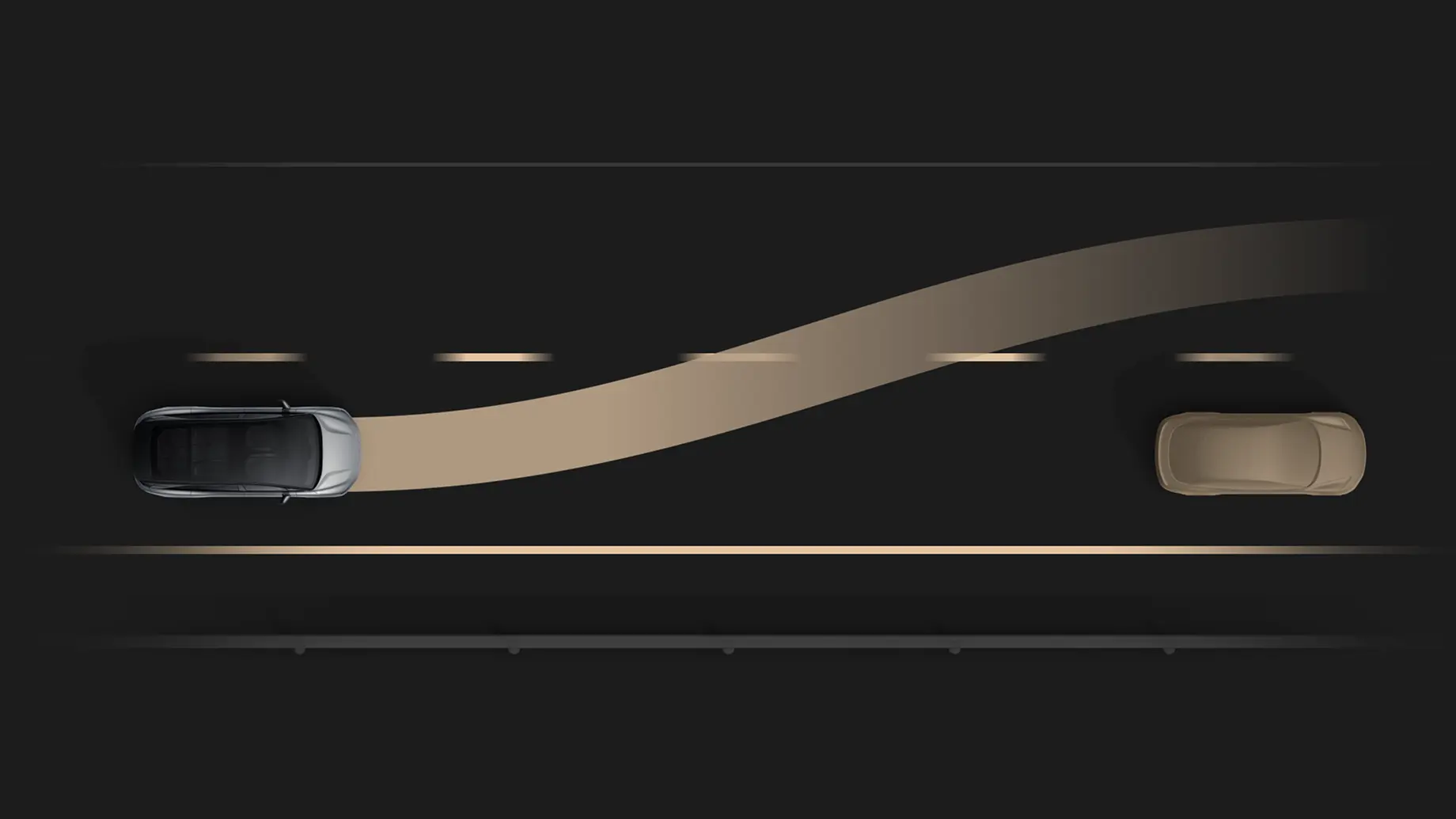 Overhead diagram showing a dark car detecting a vehicle ahead, with a beige sensor beam illustrating collision avoidance technology.