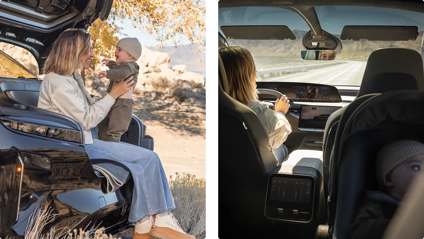 Image divisée : à gauche, on aperçoit un parent avec un enfant près du coffre de la voiture dans un paysage désertique; à droite, on voit le conducteur qui utilise le tableau de bord d’un véhicule moderne.
