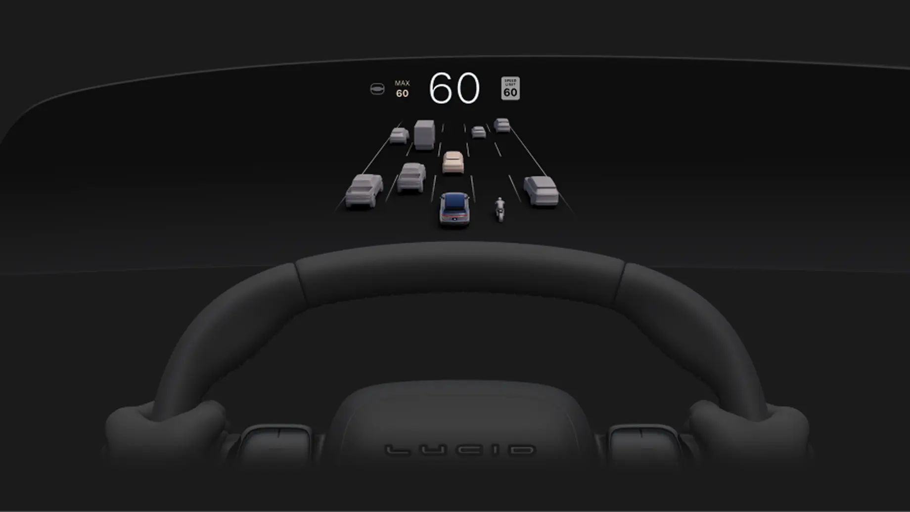 Lucid car's digital dashboard display showing a 60 mph speed limit and surrounding traffic visualization on a dark screen.