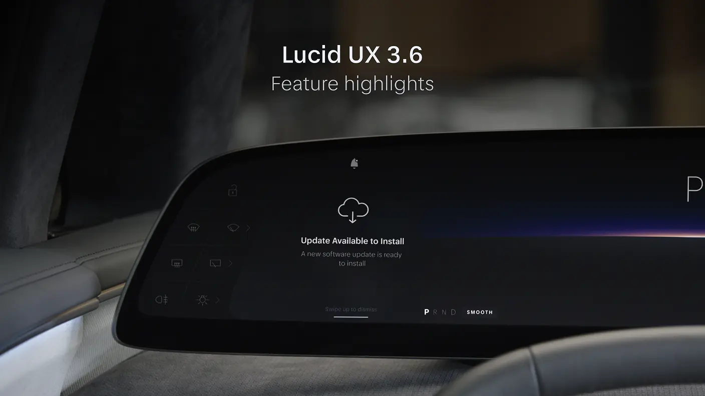 Lucid UX 3.6 feature highlights screen showing a software update notification on a car's touchscreen display.