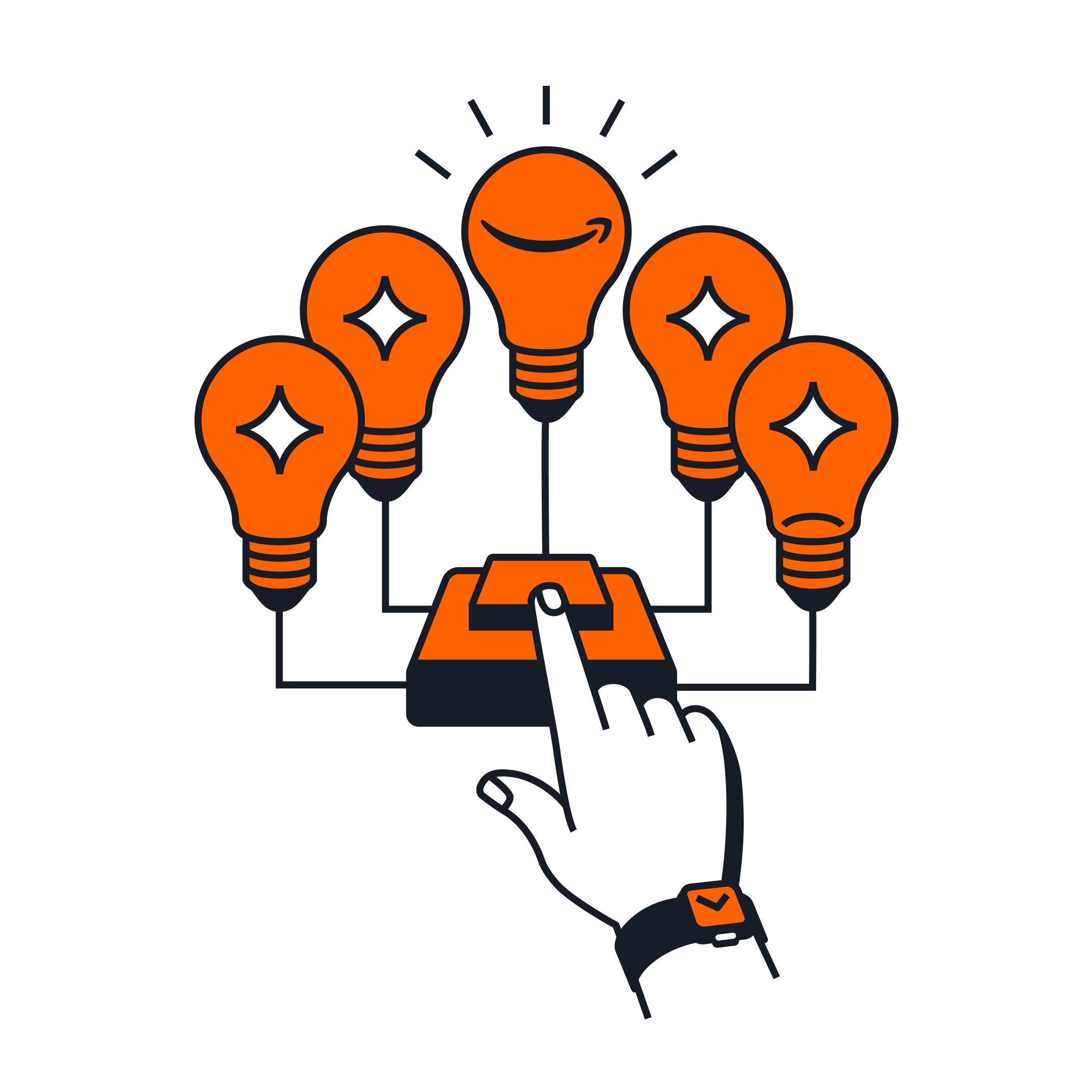 Illustration of hand clicking button connected to five orange lightbulbs, representing Amazon DSP programmatic advertising solutions