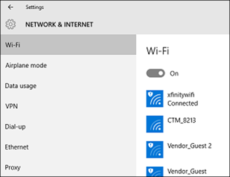 Network and Internet information within Settings. The WiFi information has been selected on the left, WiFi has been toggled on, and options are listed on the right beneath the toggle. Screenshot.