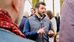 Nik Jakobs at the site of the home where a Christian family hid his Jewish ancestors during the Holocaust in Stadskanaal in the Netherlands. Photo by Victor Lacken